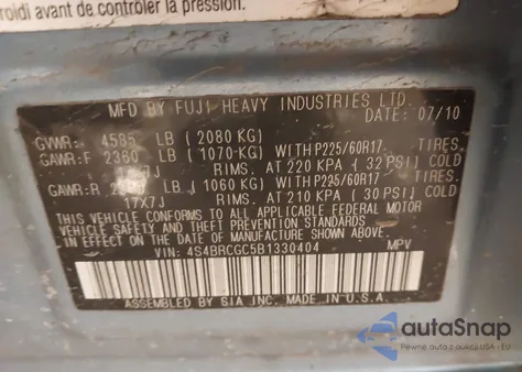 2011 Subaru Outback 2.5I Premium from USA, damaged, VIN 4S4BRCGC5B1330404